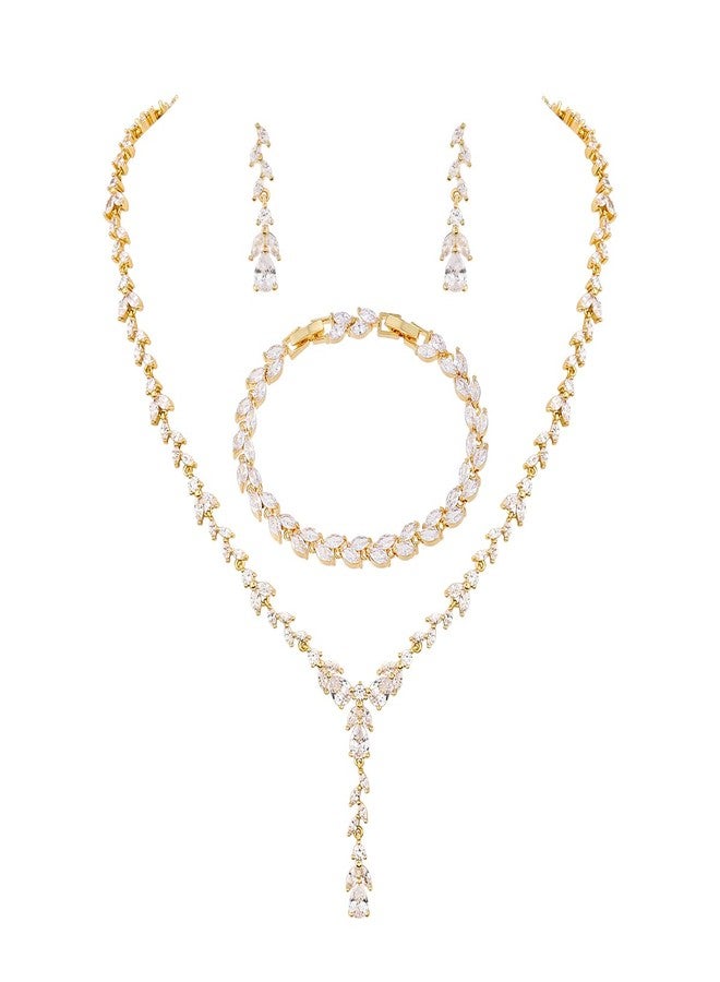 MEEDOZ Bridal Wedding Jewelry CZ Set Marquise Teardrop Cubic Zirconia Pendant Necklace and Dangle Earring Bracelet Sets for Women (Gold plated - 03) - Image 1